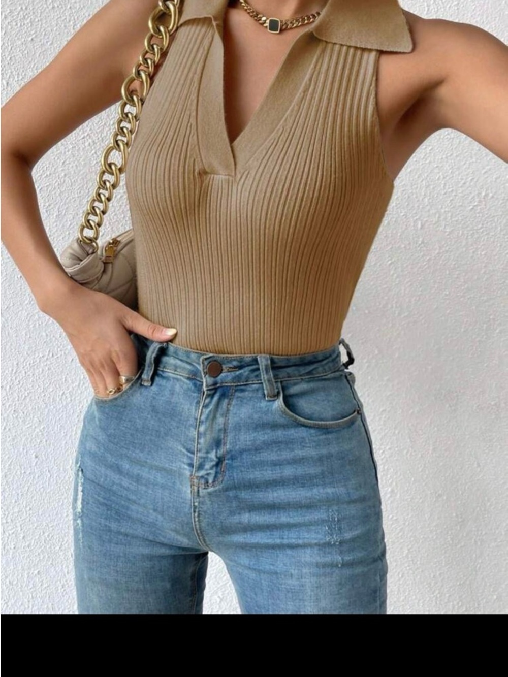 SHEIN Ribbed Polo Tank Top in Camel